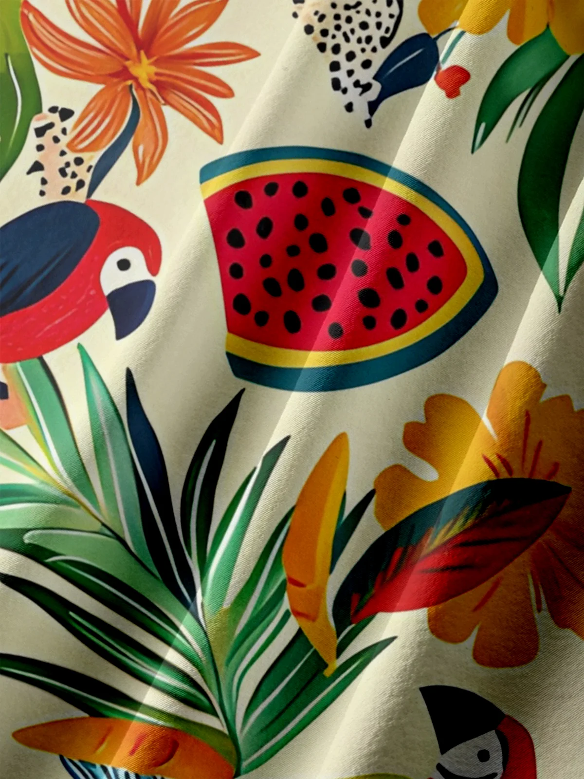 Big Size Moisture-wicking Tropical Palm Tree Parrots Chest Pocket Hawaiian Shirt