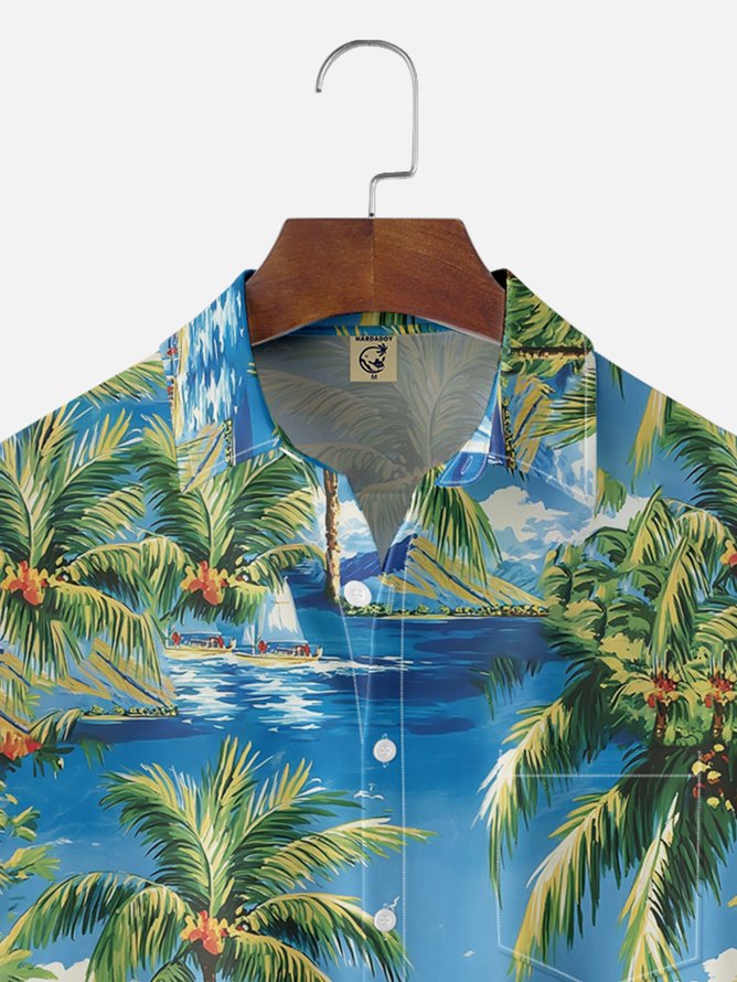 Tall Size Moisture-wicking Palm Tree Chest Pocket Hawaiian Shirt