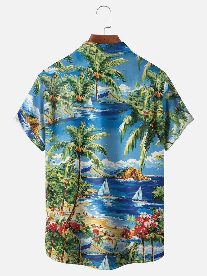 Tall Size Moisture-wicking Palm Tree Chest Pocket Hawaiian Shirt