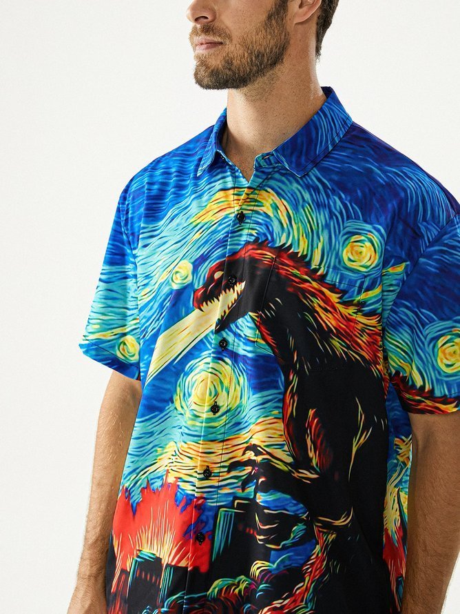 Tall Size Moisture-wicking Movie Monster Chest Pocket Short Sleeve Casual Shirt