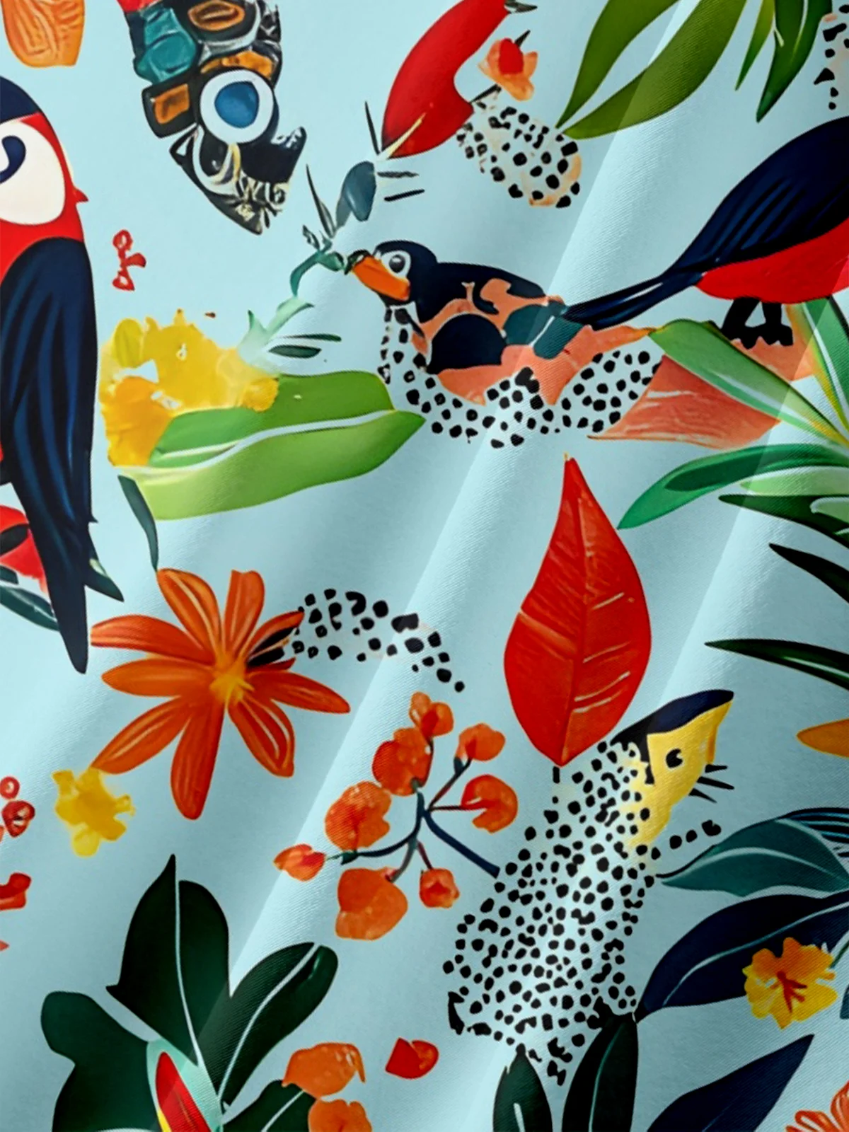 Tall Size Moisture-wicking Tropical Parrots Palm Tree Chest Pocket Hawaiian Shirt
