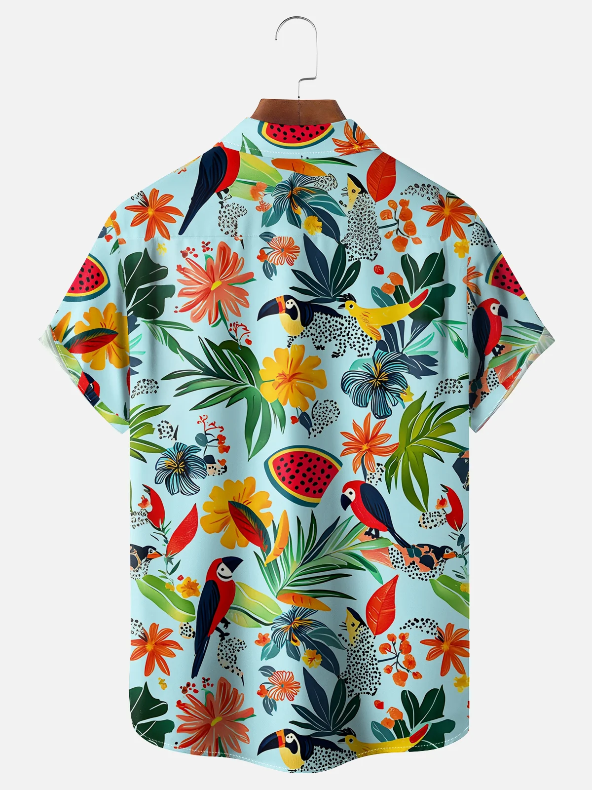 Tall Size Moisture-wicking Tropical Parrots Palm Tree Chest Pocket Hawaiian Shirt