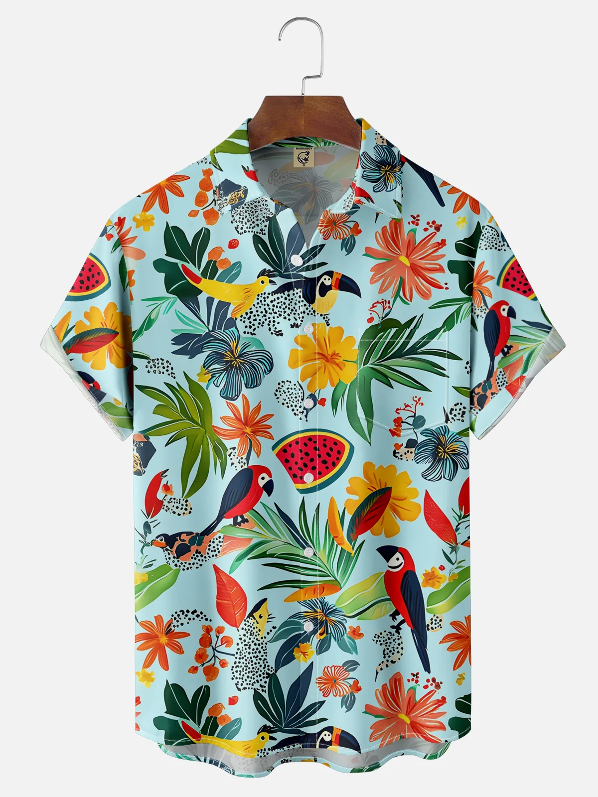 Tall Size Moisture-wicking Tropical Parrots Palm Tree Chest Pocket Hawaiian Shirt