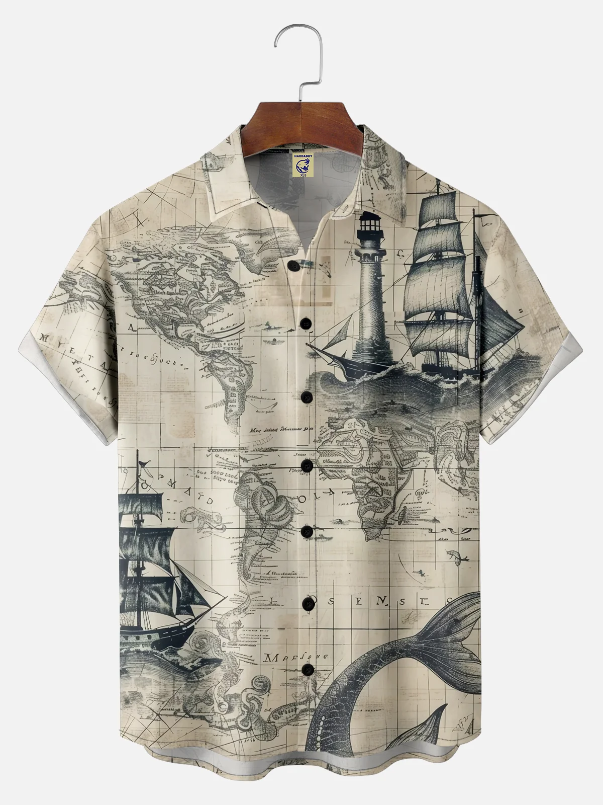 Big Size Moisture-wicking Ocean Map Sailboat Lighthouse Chest Pocket Casual Shirt