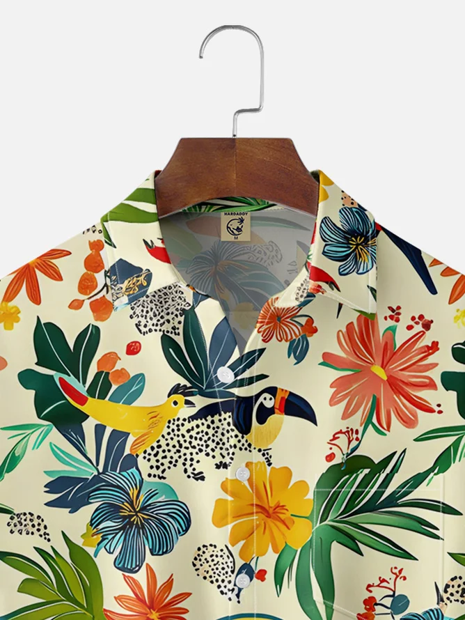 Tall Size Moisture-wicking Tropical Parrots Palm Tree Chest Pocket Hawaiian Shirt