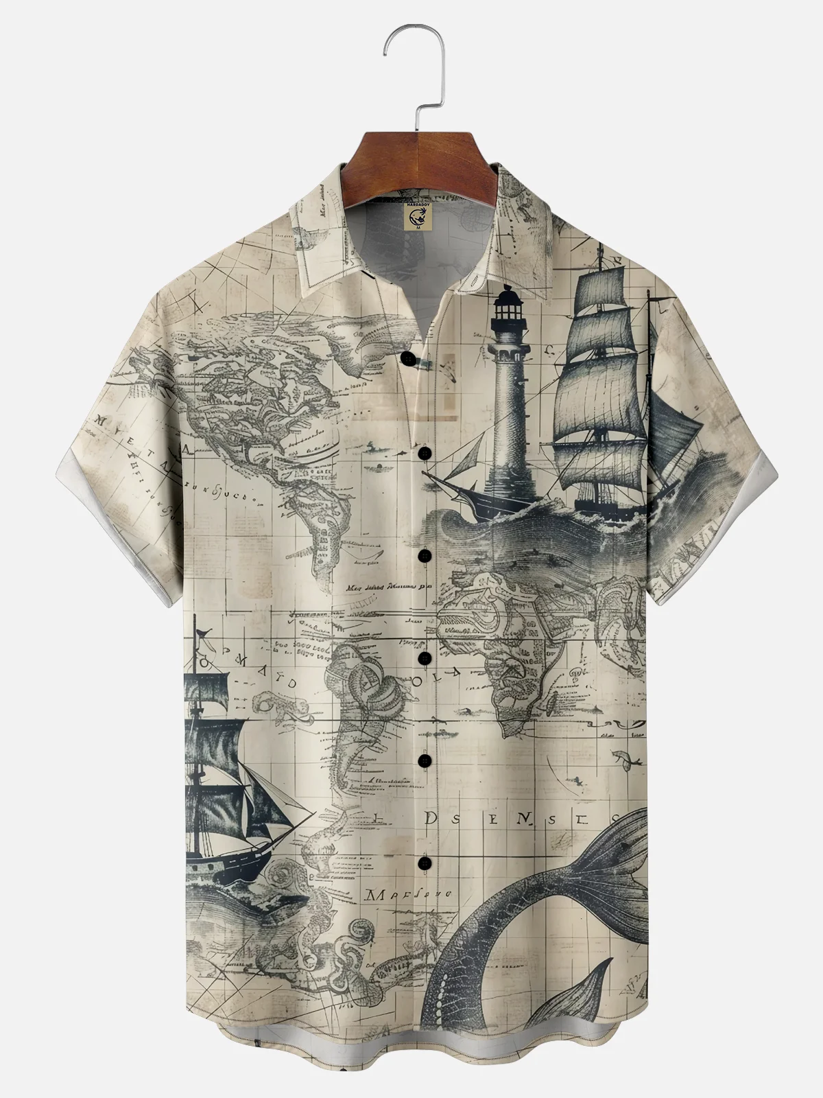 Tall Size Moisture-wicking Ocean Map Sailboat Lighthouse Chest Pocket Casual Shirt