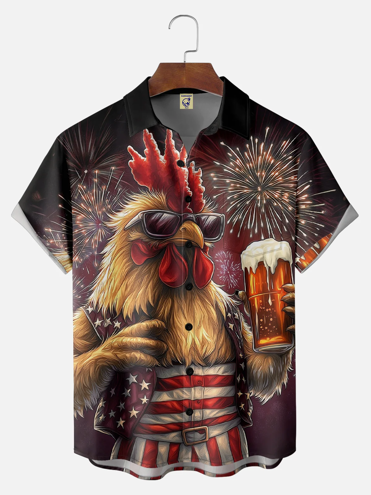 Big Size Moisture-wicking American Flag Chicken Beer National Patriotic Chest Pocket Casual Shirt