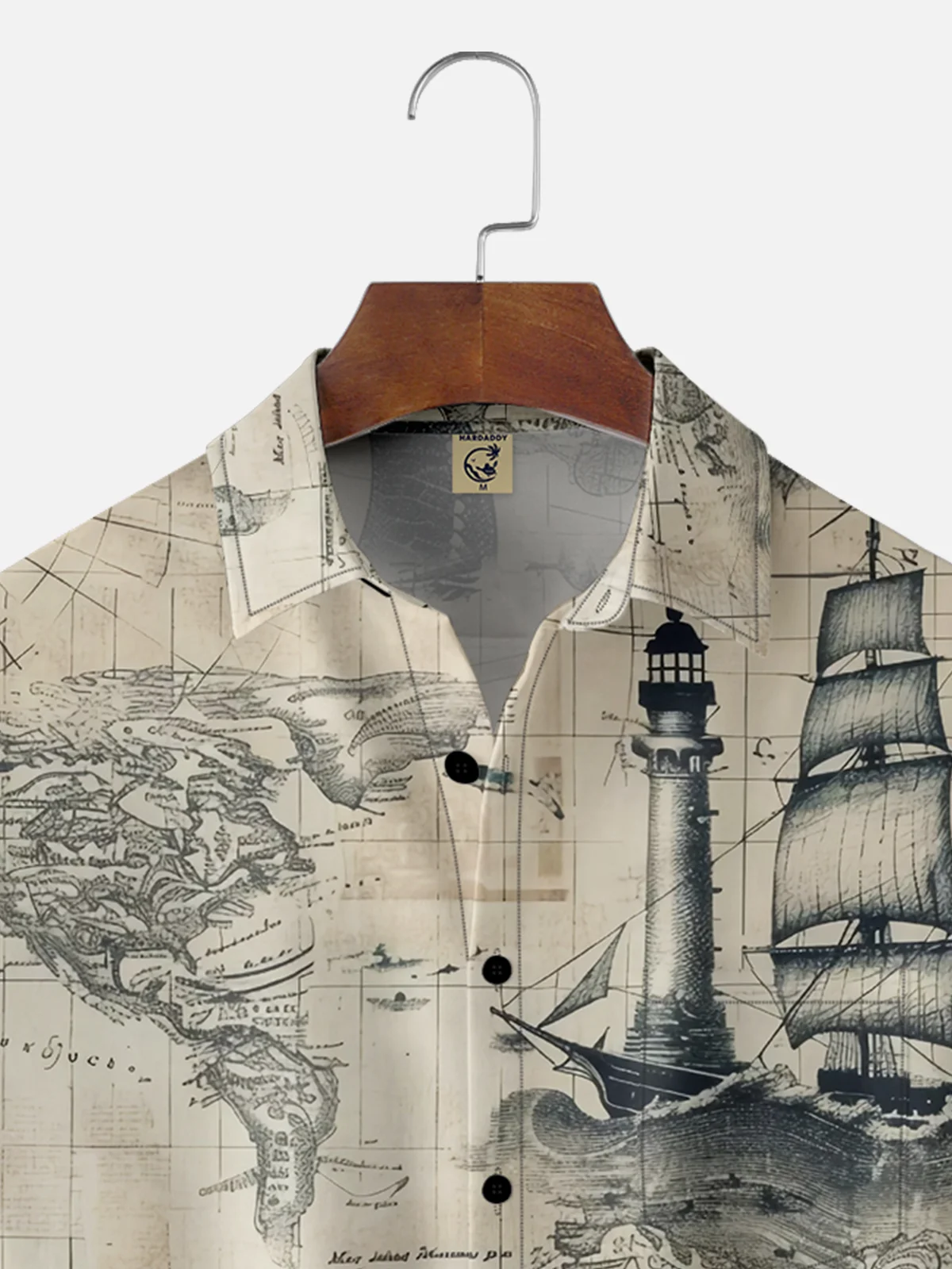 Tall Size Moisture-wicking Ocean Map Sailboat Lighthouse Chest Pocket Casual Shirt