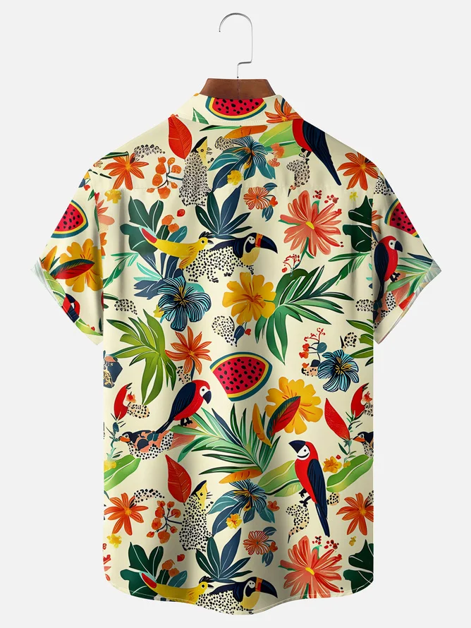 Tall Size Moisture-wicking Tropical Parrots Palm Tree Chest Pocket Hawaiian Shirt