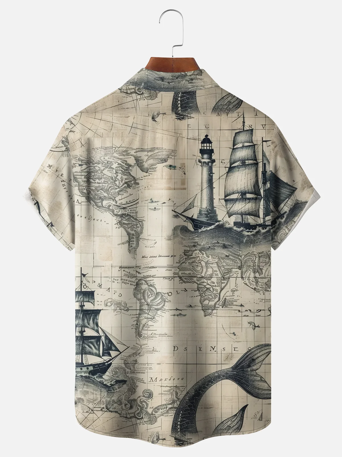 Tall Size Moisture-wicking Ocean Map Sailboat Lighthouse Chest Pocket Casual Shirt