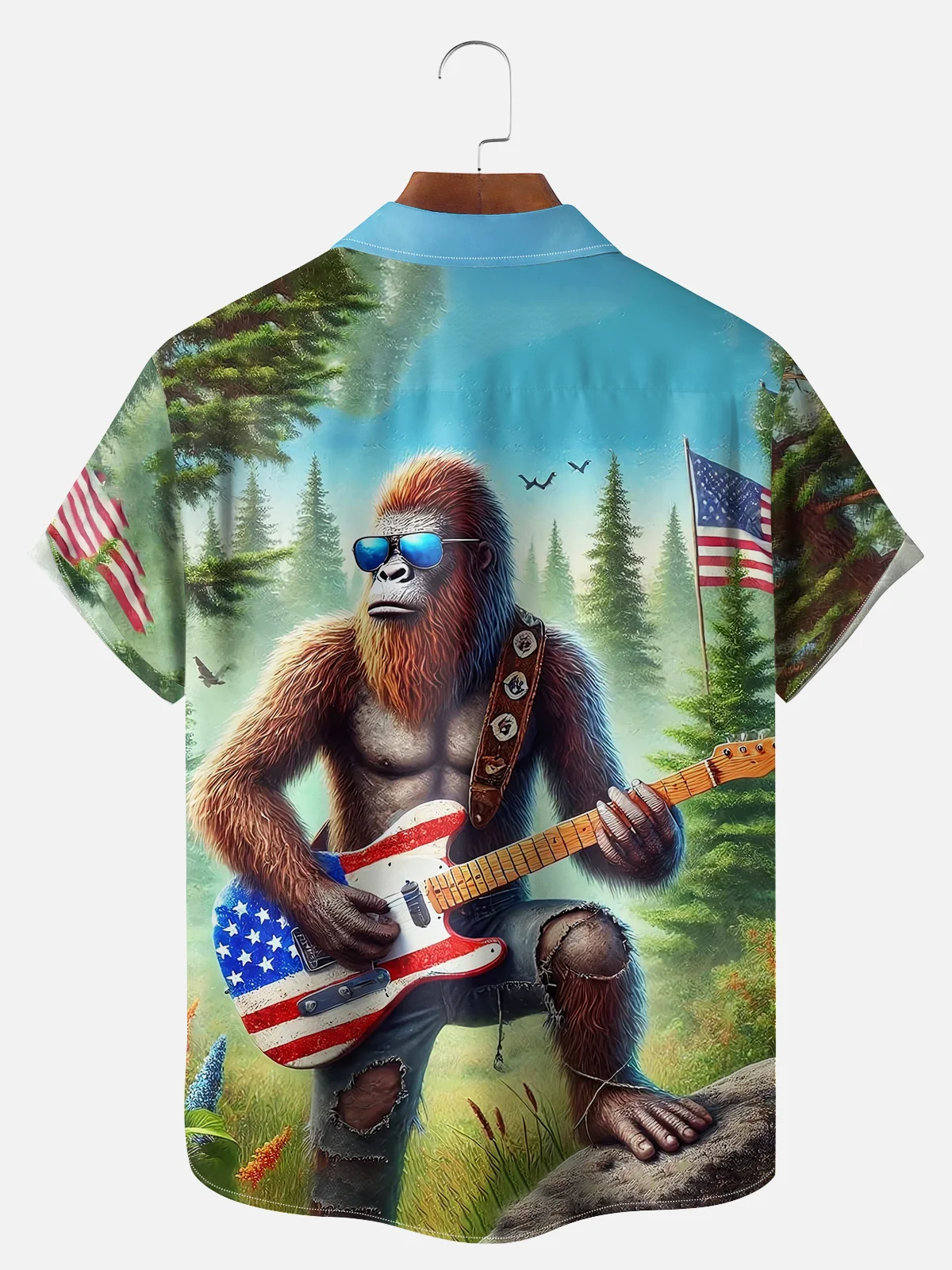 Big Size Moisture-wicking American Flag Bigfoot Guitar Rock Chest Pocket Hawaiian Shirt
