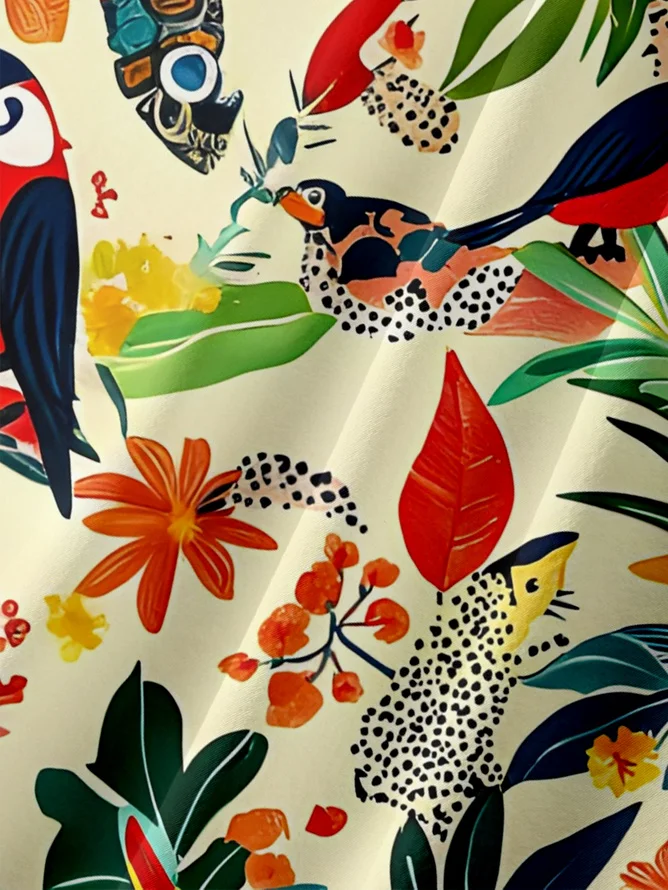 Tall Size Moisture-wicking Tropical Parrots Palm Tree Chest Pocket Hawaiian Shirt