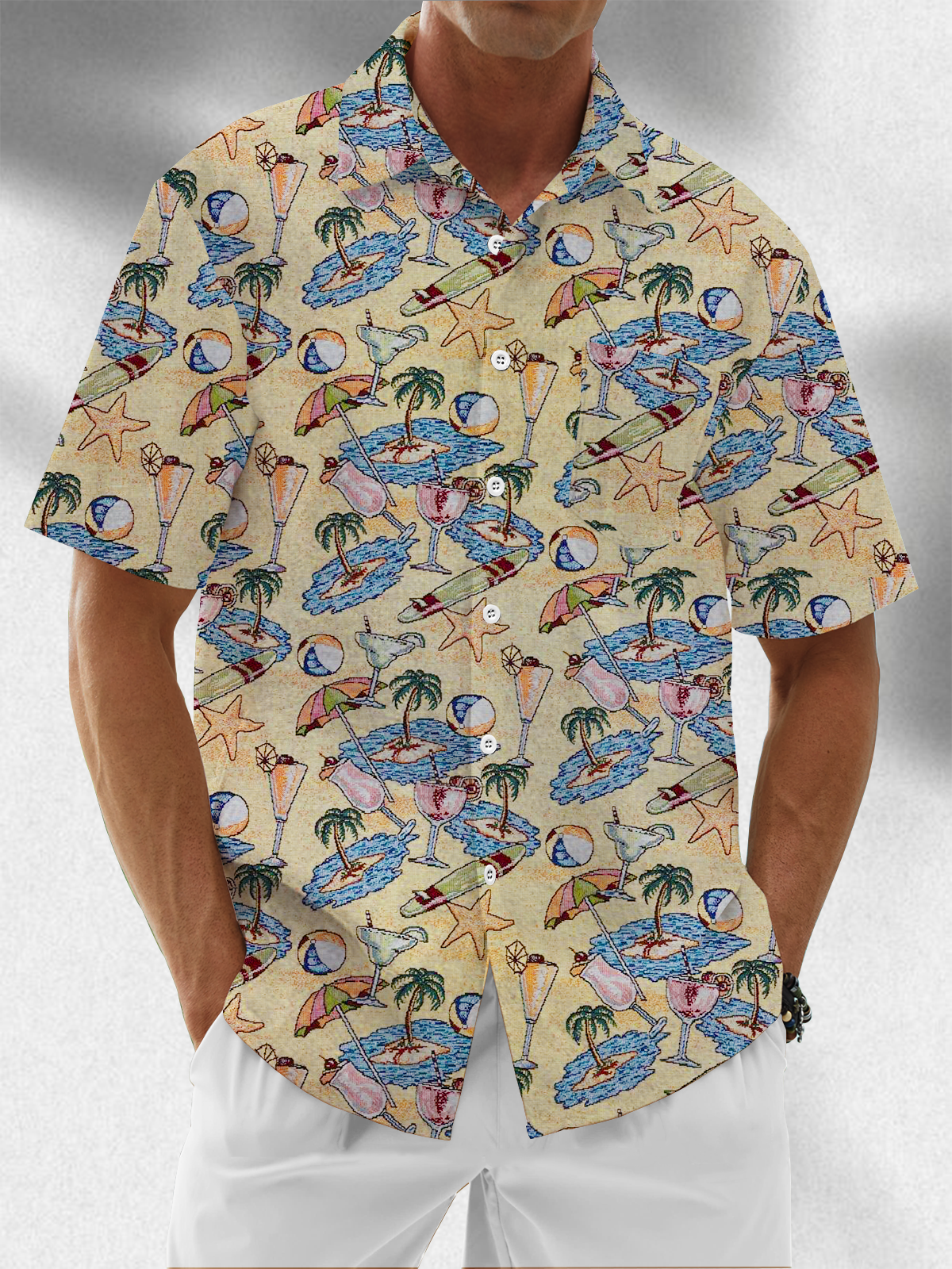 Moisture Wicking Tropical Plants Flamingo Chest Pocket Hawaiian Shirt