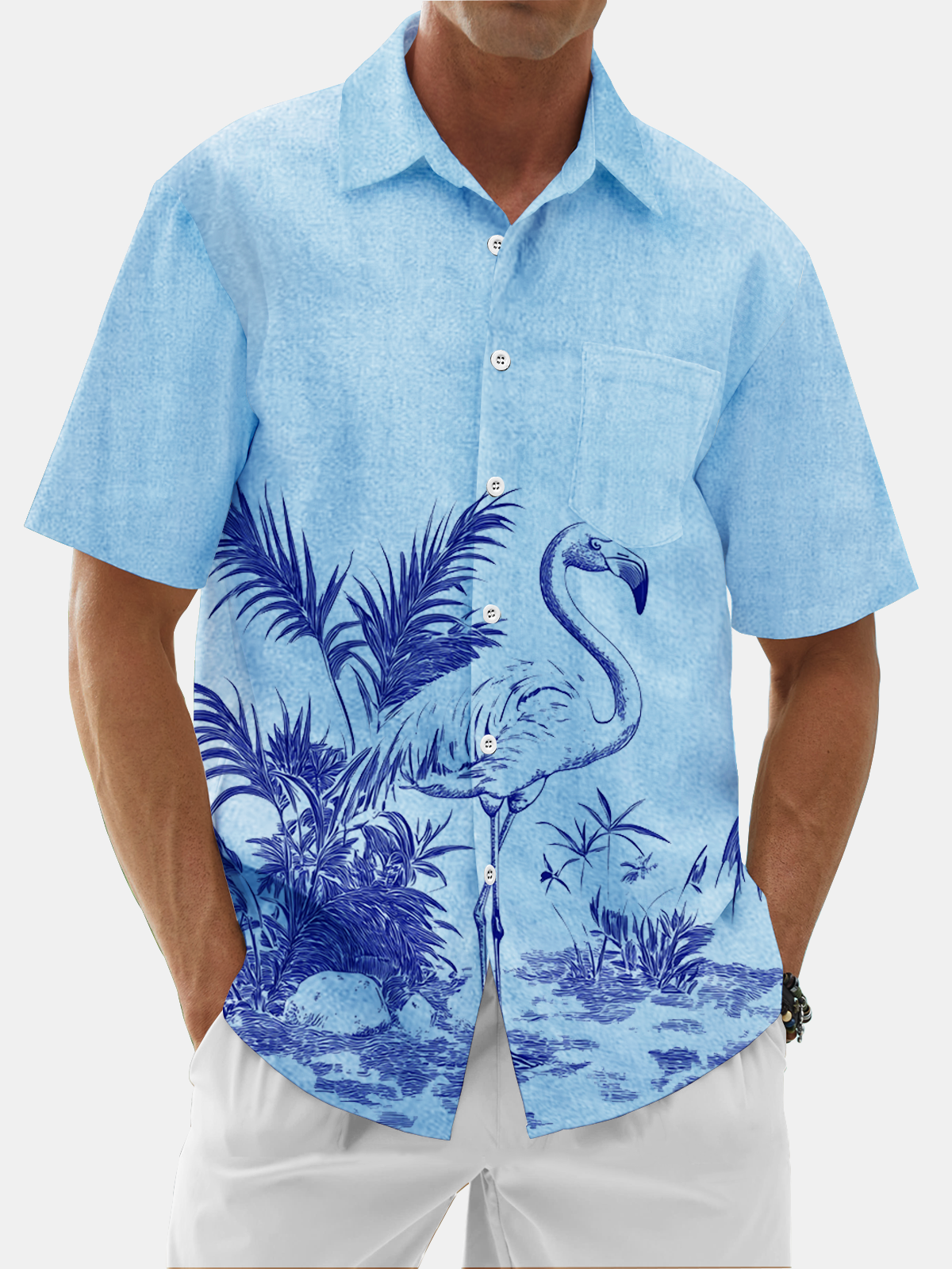 Moisture Wicking Tropical Plants Flamingo Chest Pocket Hawaiian Shirt