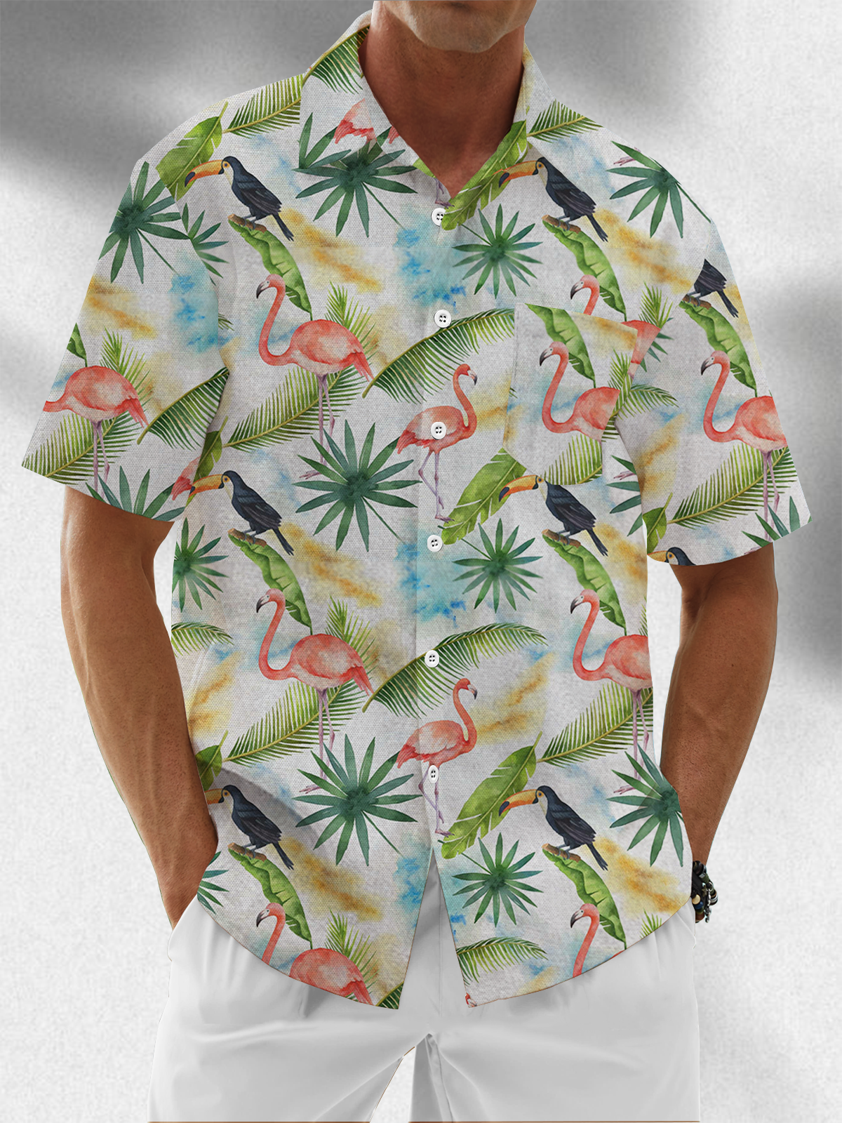 Moisture Wicking Tropical Plants Flamingo Toucan Chest Pocket Hawaiian Shirt
