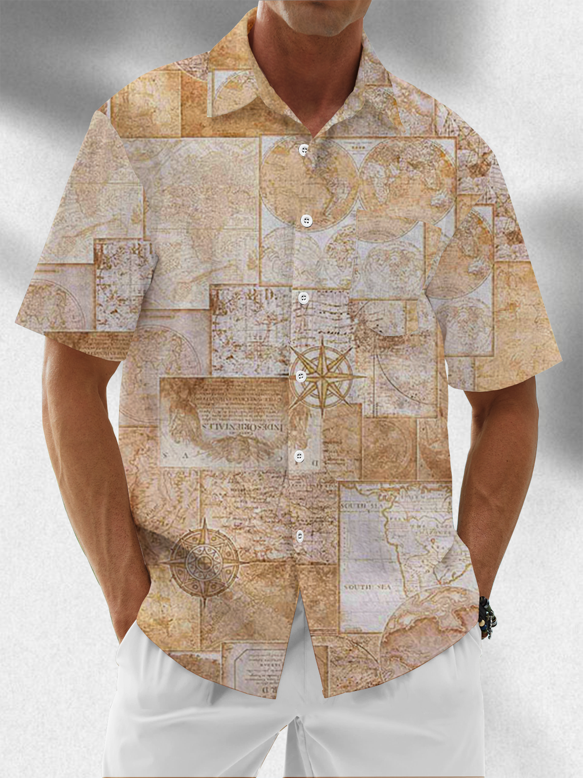 Moisture Wicking Vintage Map Chest Pocket Hawaii Shirt