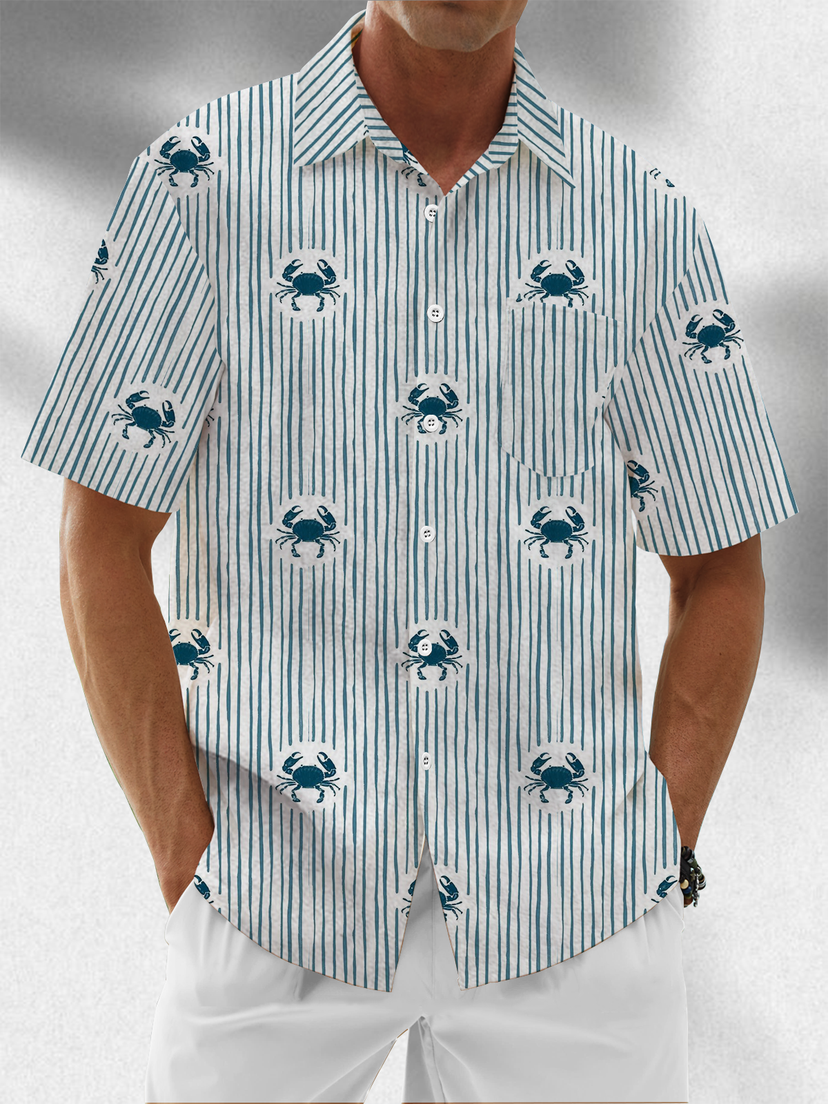 Moisture Wicking Striped Crab Chest Pocket Hawaiian Shirt
