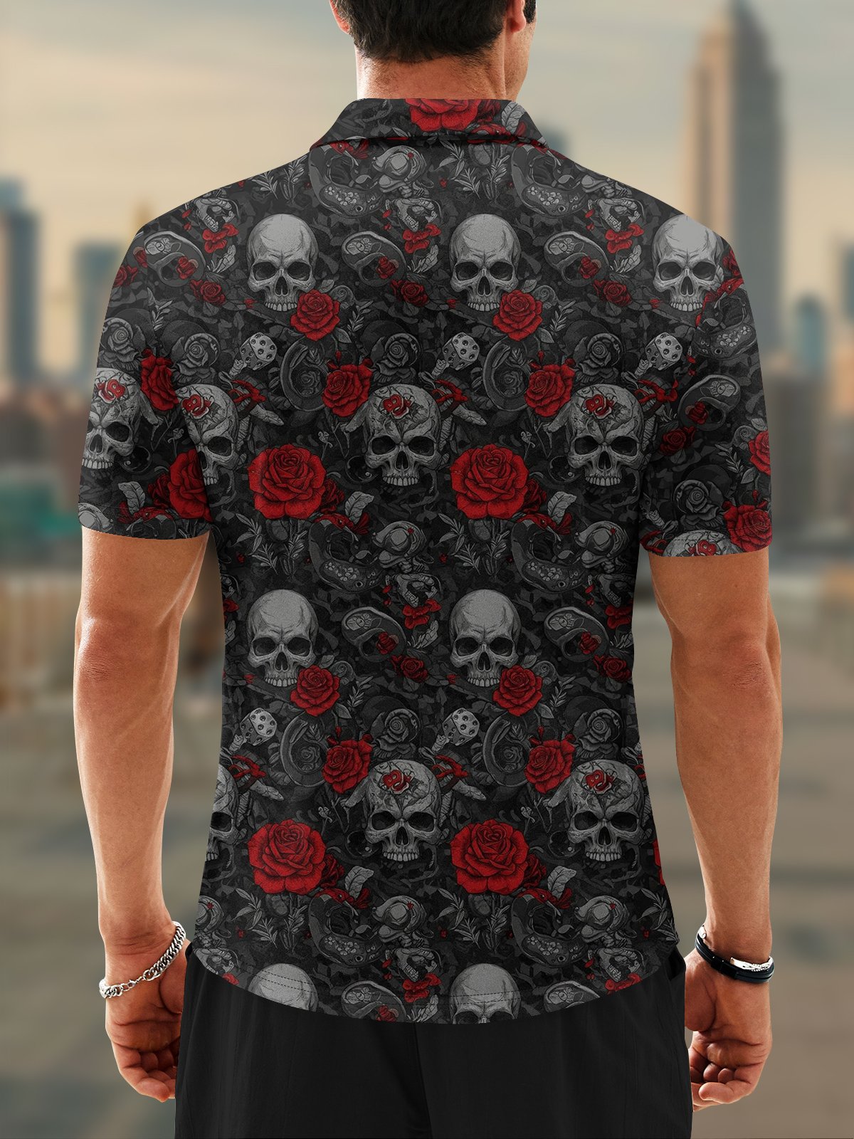 Moisture Wicking Rock Music Skull Rose Short Sleeve Golf Polo