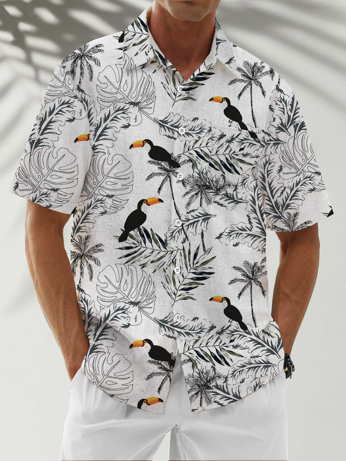 Moisture Wicking Tropical Plants Toucan Chest Pocket Hawaiian Shirt