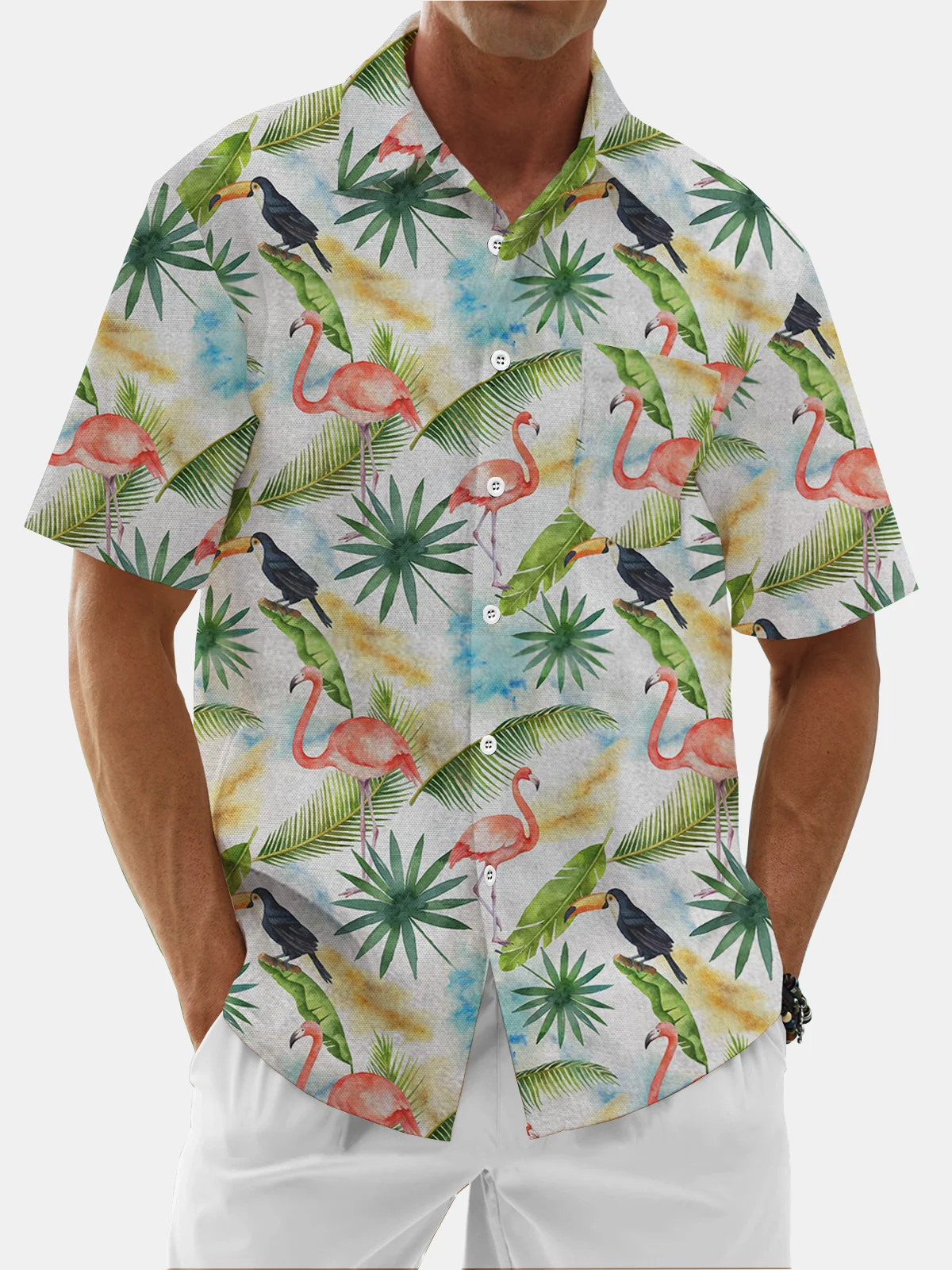Moisture Wicking Tropical Plants Flamingo Toucan Chest Pocket Hawaiian Shirt