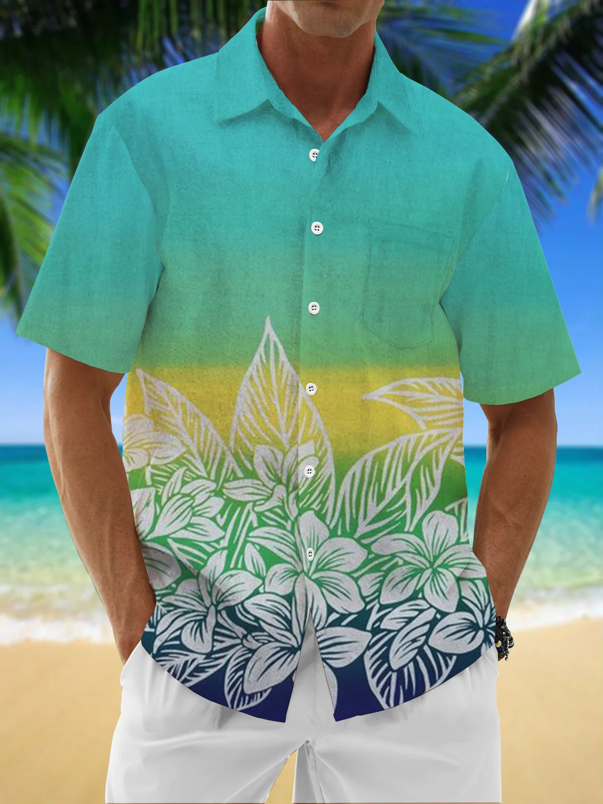 Moisture Wicking Gradient Floral Floral Chest Pocket Hawaiian Shirt