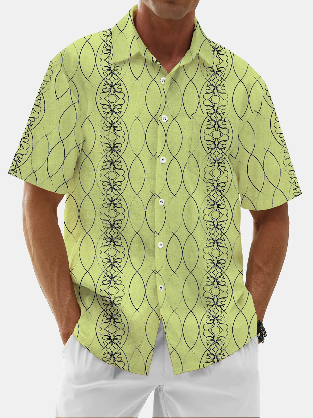 Moisture Wicking Geometric Lines Floral Chest Pocket Hawaiian Shirt