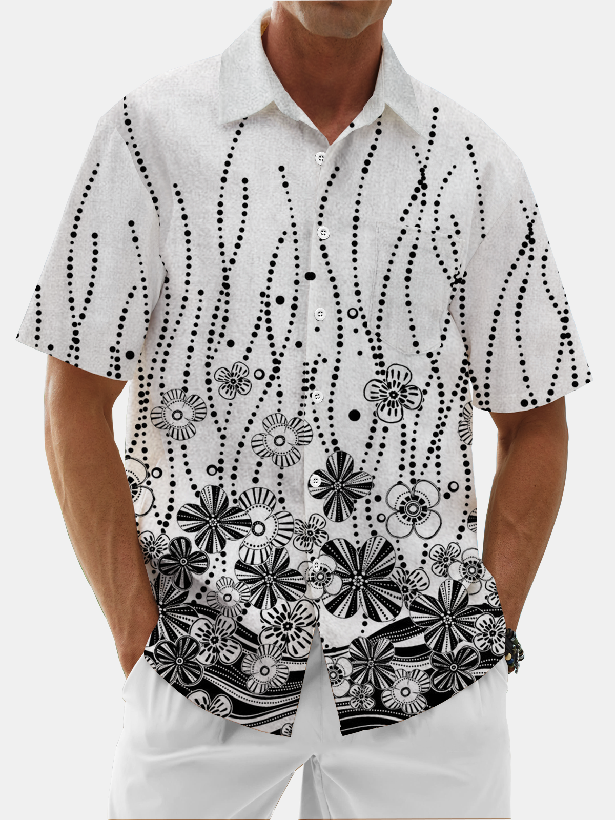 Moisture Wicking Geometric Floral Chest Pocket Hawaiian Shirt