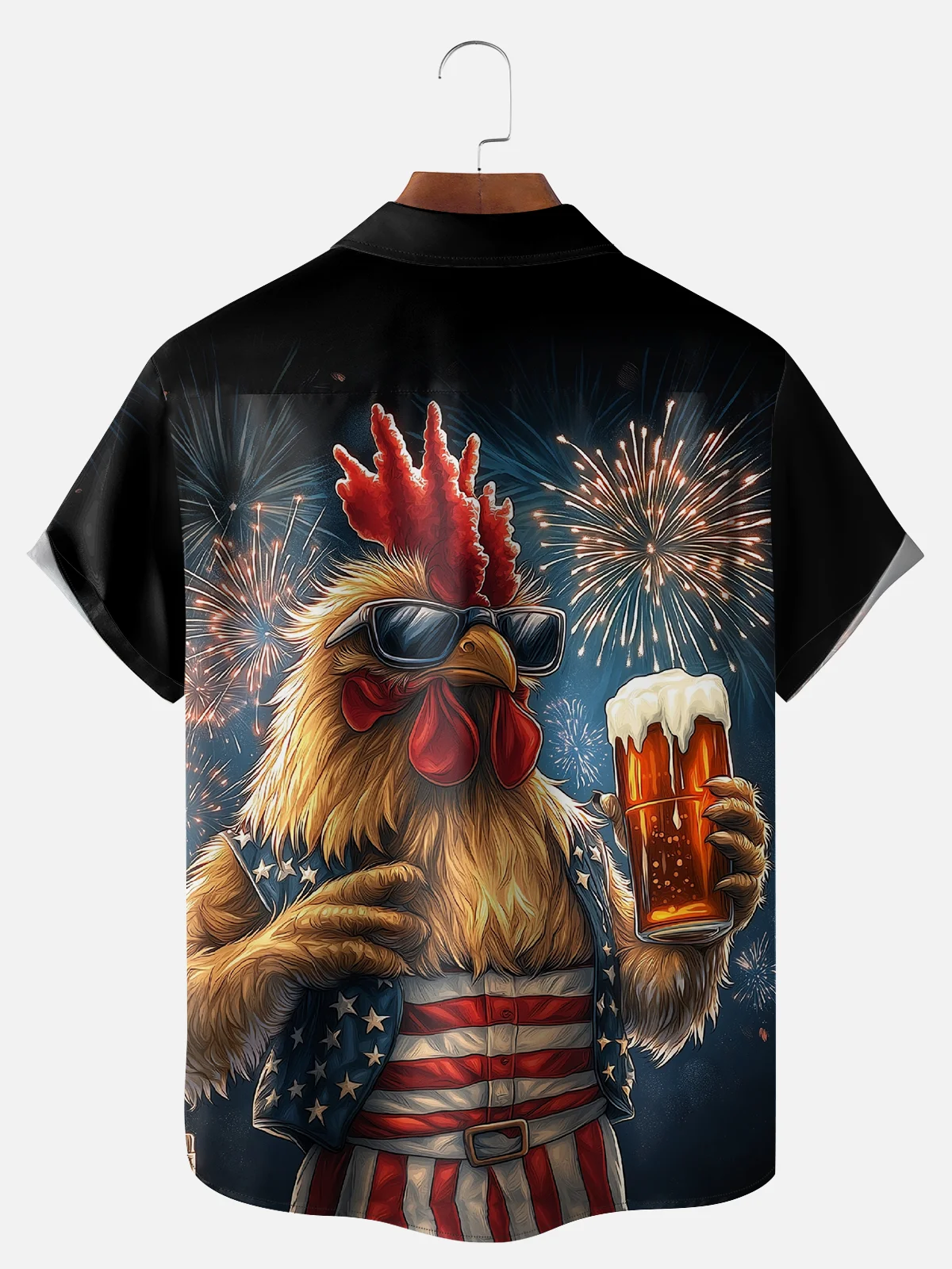 Big Size Moisture-wicking American Flag Chicken Beer National Patriotic Chest Pocket Casual Shirt