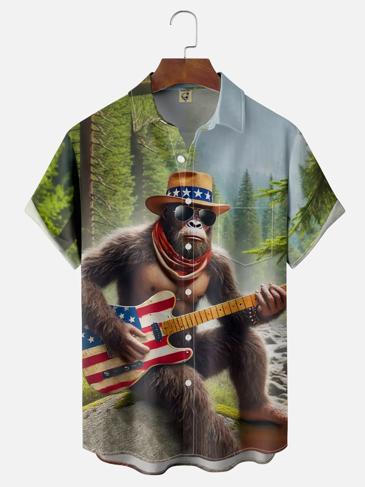 Moisture-wicking Western Cowboy Bigfoot Music American Flag Guitar Chest Pocket Natioanal Patriotic Shirt