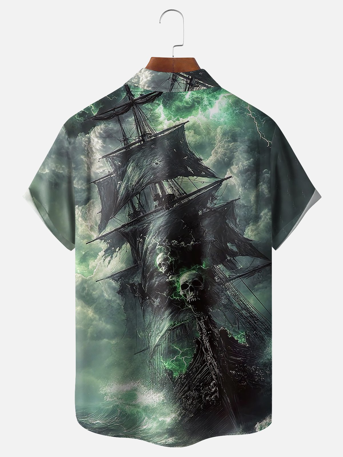 Moisture-wicking Skeleton Pirate Ship Chest Pocket Hawaiian Shirt