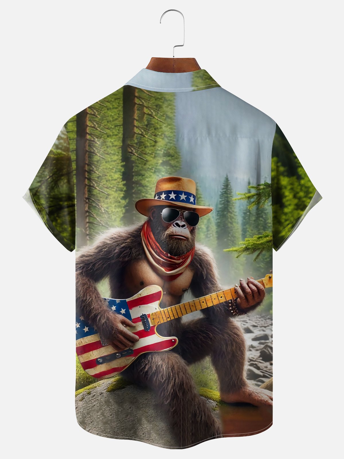Moisture-wicking Western Cowboy Bigfoot Music American Flag Guitar Chest Pocket Natioanal Patriotic Shirt