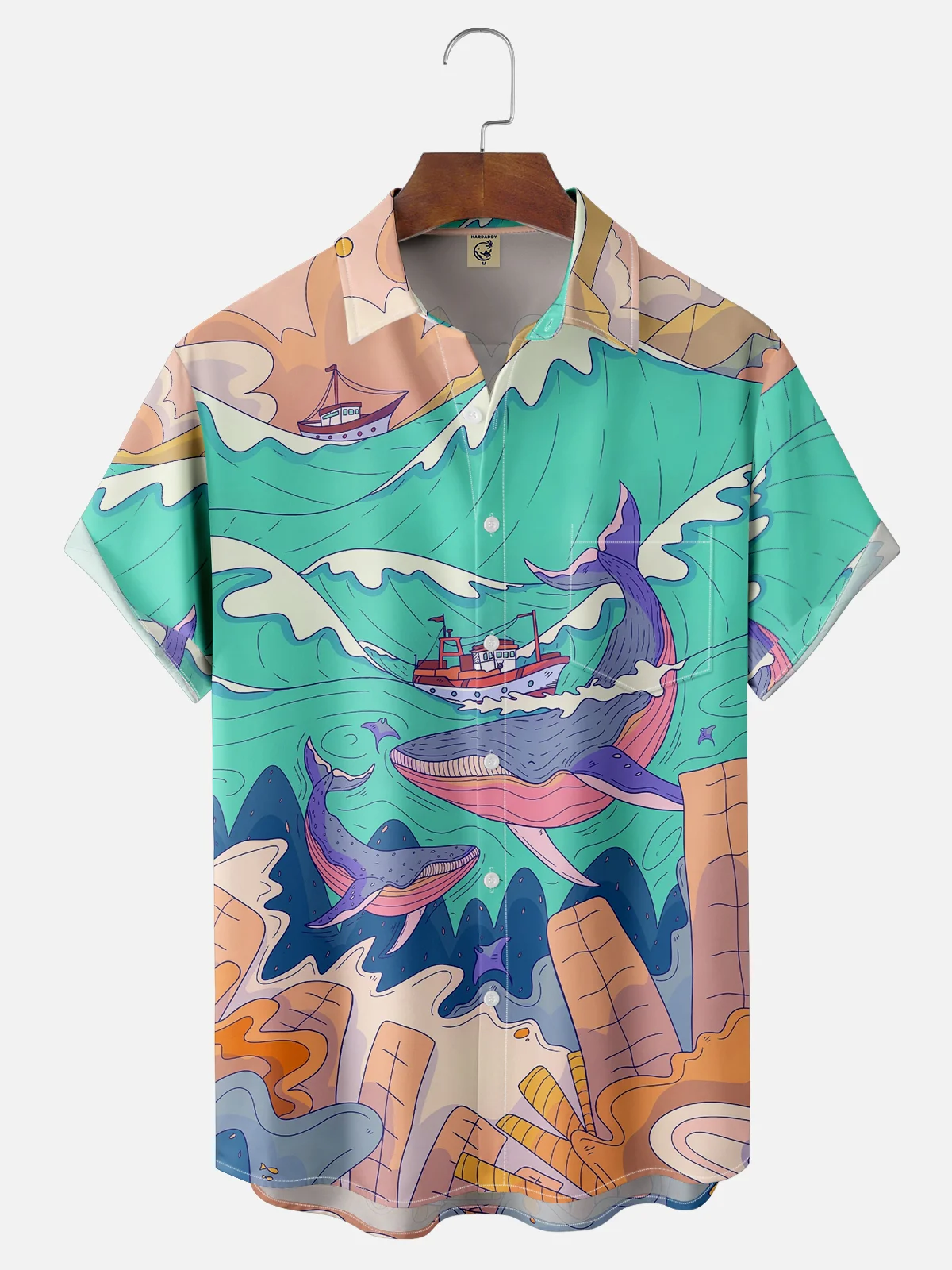 Hardaddy X Artist Stephen Wade Moisture-wicking Sea Life Whale Sailing Chest Pocket Hawaiian Shirt