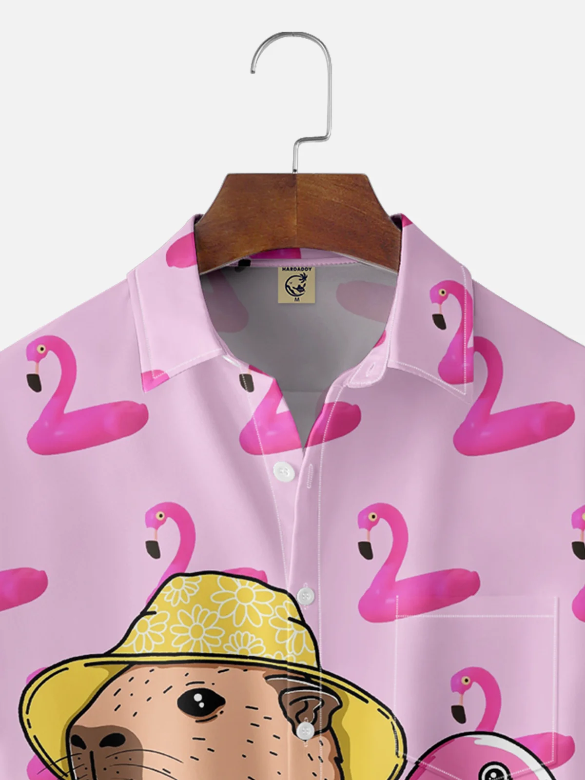 Hardaddy X Artist Kimprut Imut Moisture-wicking Flamingo Capybara Chest Pocket Hawaiian Shirt