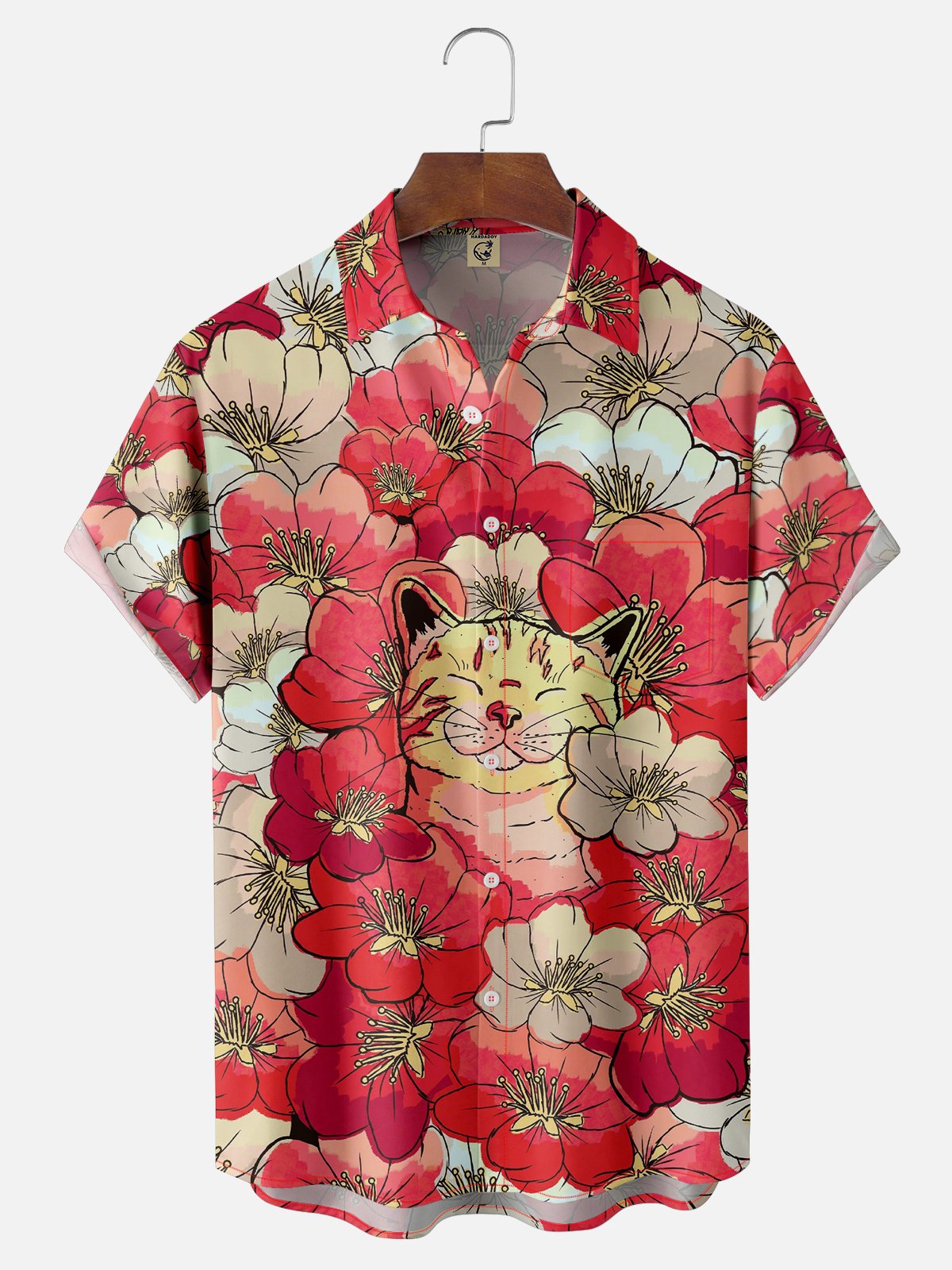Hardaddy X Artist Stephen Wade Moisture-wicking Sakura Cat Chest Pocket Hawaiian Shirt