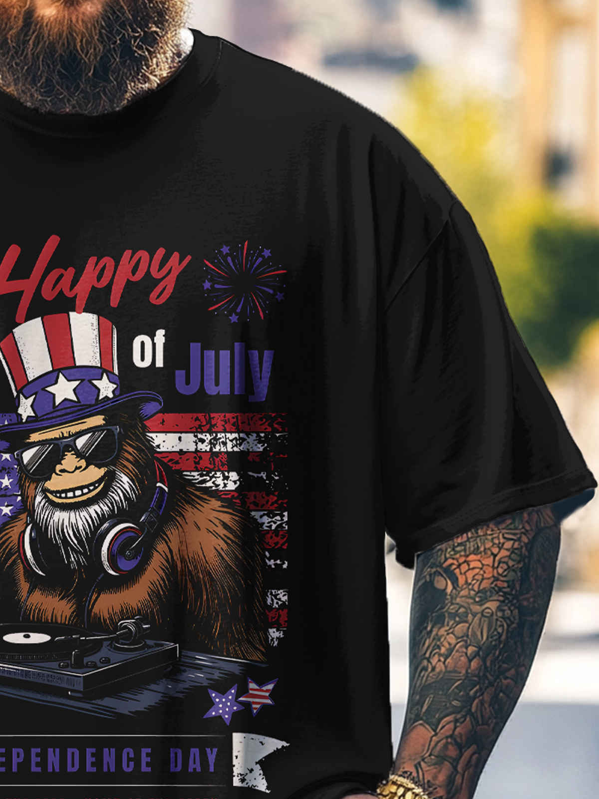 Big Size Men's 4th of July Bigfoot Flag Loose T-shirt
