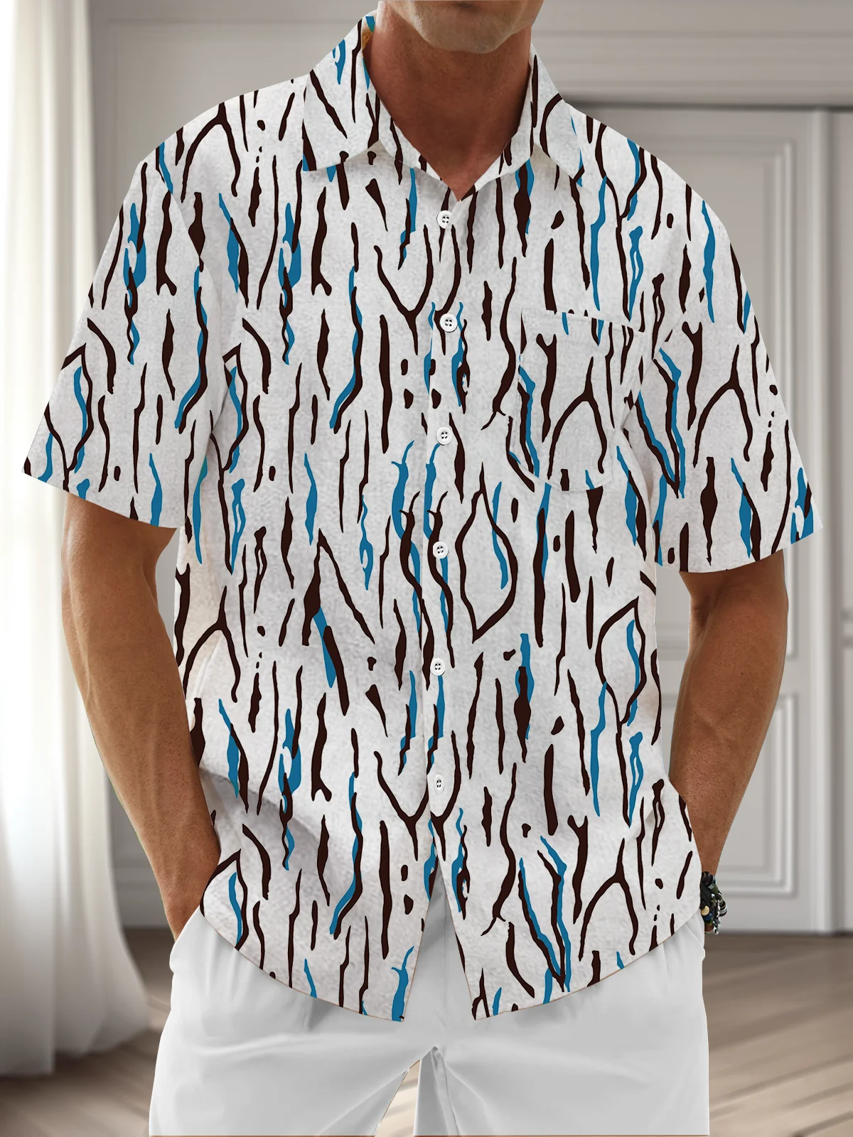 Moisture Wicking Abstract Geometric Lines Chest Pocket Hawaiian Shirt