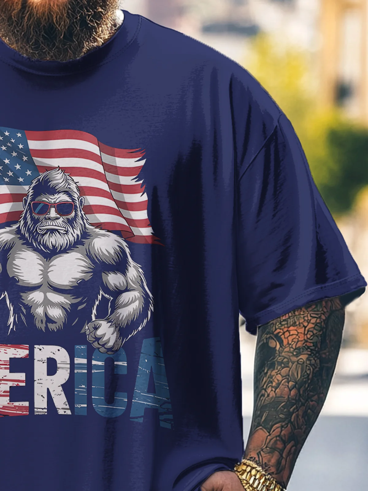 Big Size Men's Bigfoot MERICA American Flag Loose T-shirt