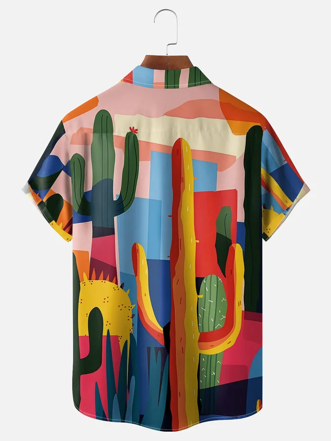 Tall Size Moisture-wicking Cactus Chest Pocket Hawaiian Shirt