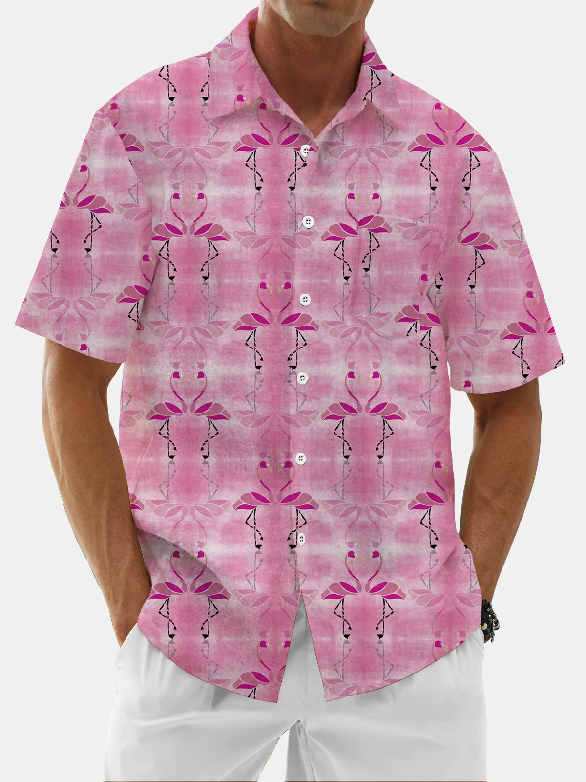 Moisture Wicking Flamingo Chest Pocket Hawaiian Shirt