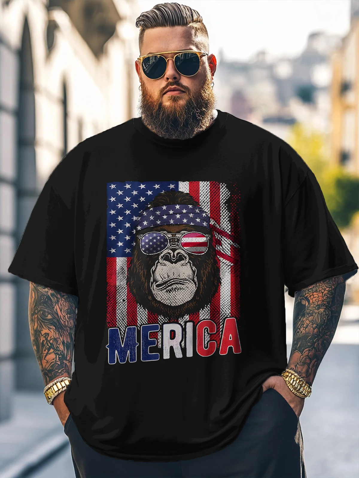 Big Size Men's Ape Man American Flag MERICA Loose T-shirt
