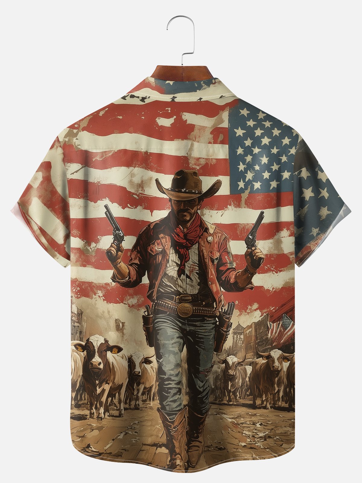 Big Size Moisture-wicking American Flag Western Cowboy Chest Pocket Casual Shirt