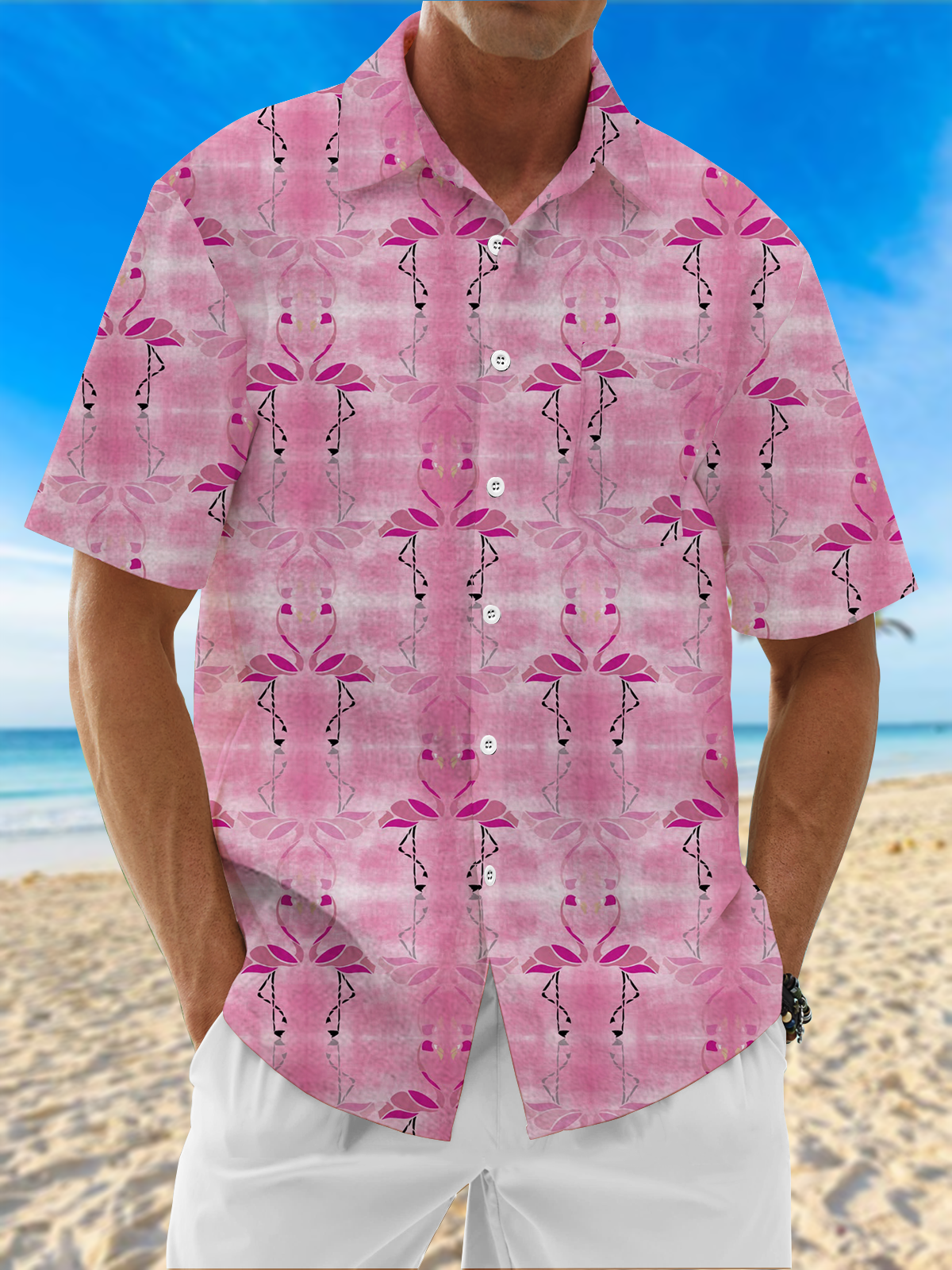 Moisture Wicking Flamingo Chest Pocket Hawaiian Shirt