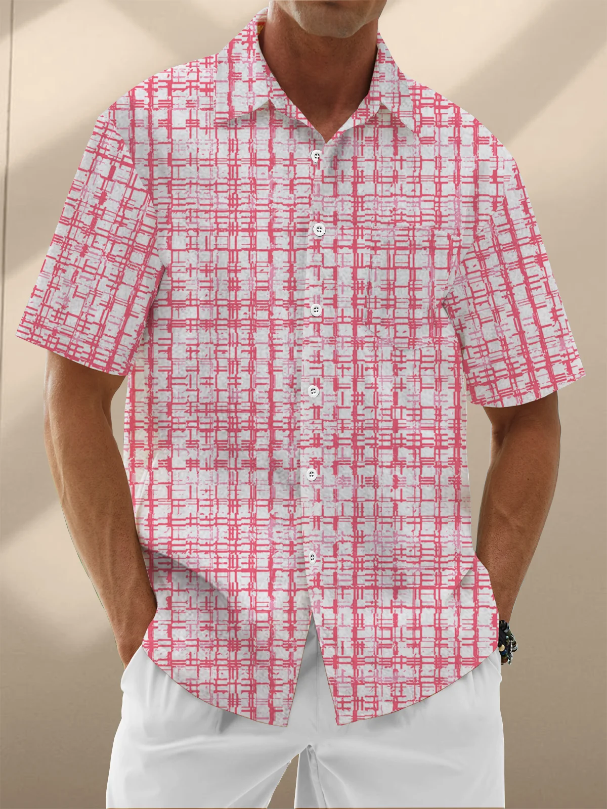 Moisture Wicking Geometric Check Chest Pocket Hawaiian Shirt