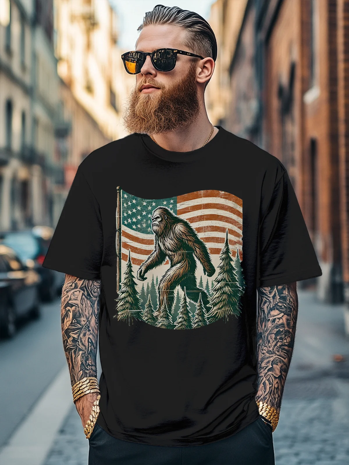 Men's American Flag Bigfoot Independence Day Fitted T-shirts