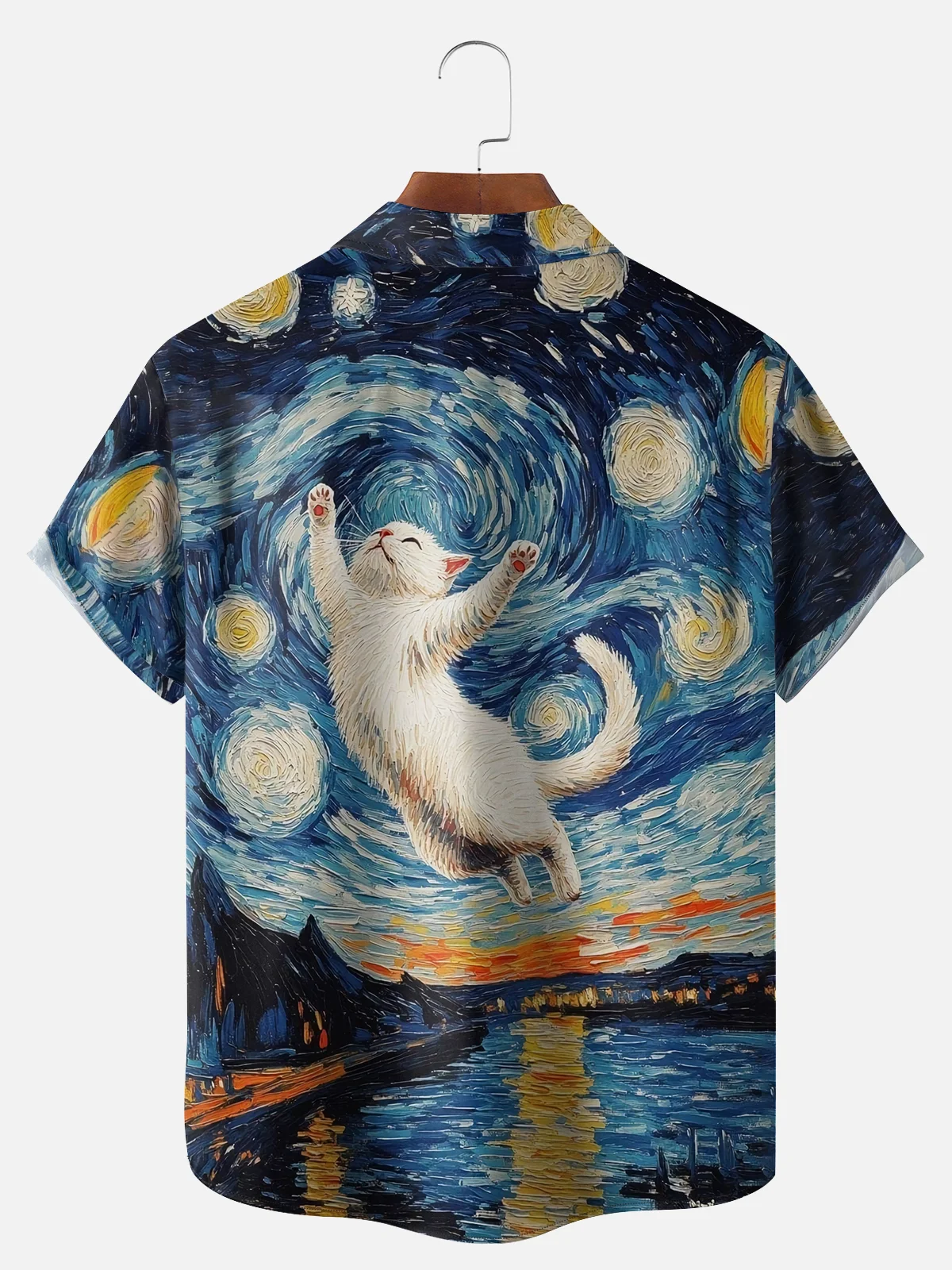 Big Size Moisture-wicking Starry night Cat Chest Pocket Casual Shirt