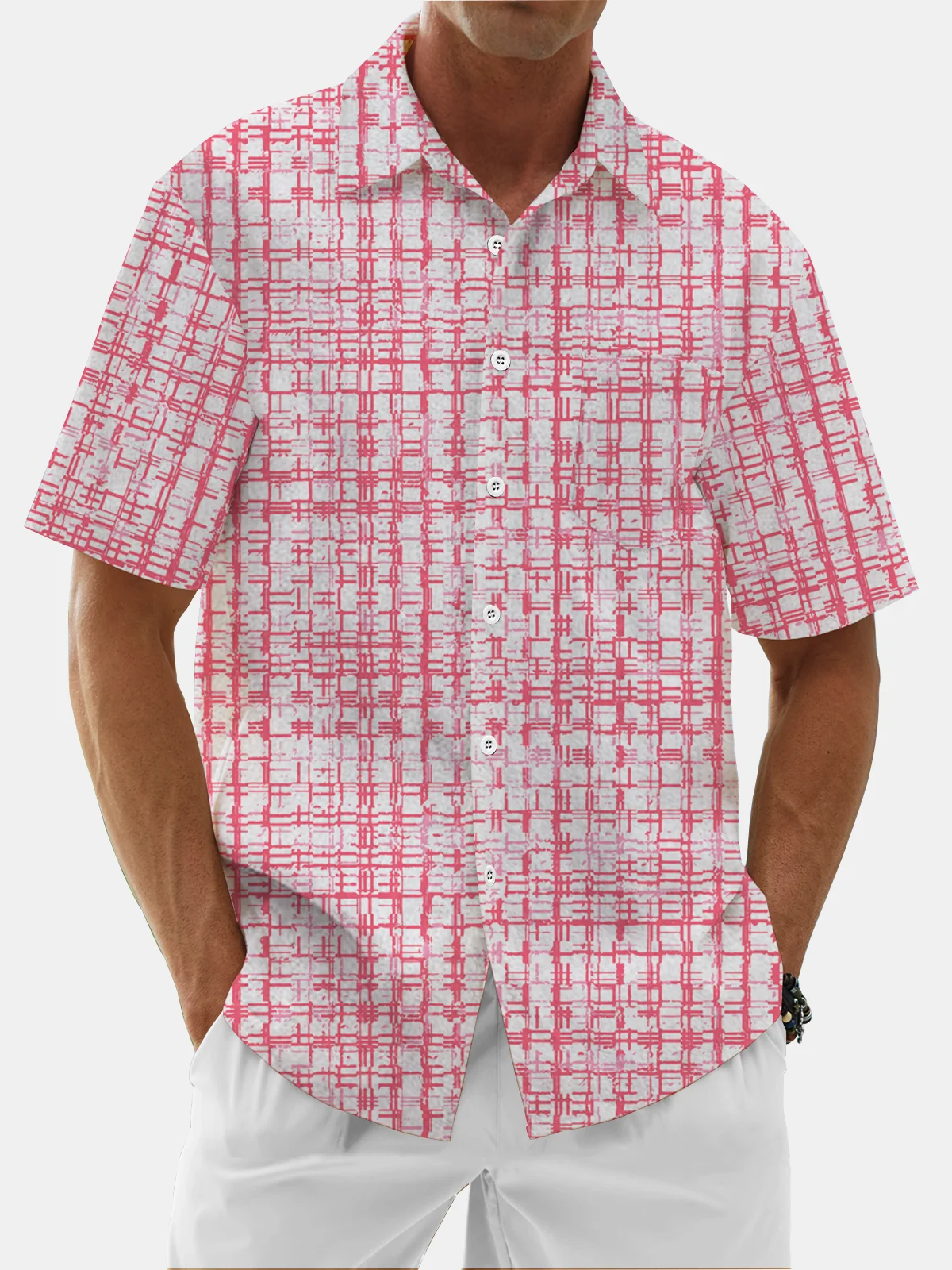 Moisture Wicking Geometric Check Chest Pocket Hawaiian Shirt