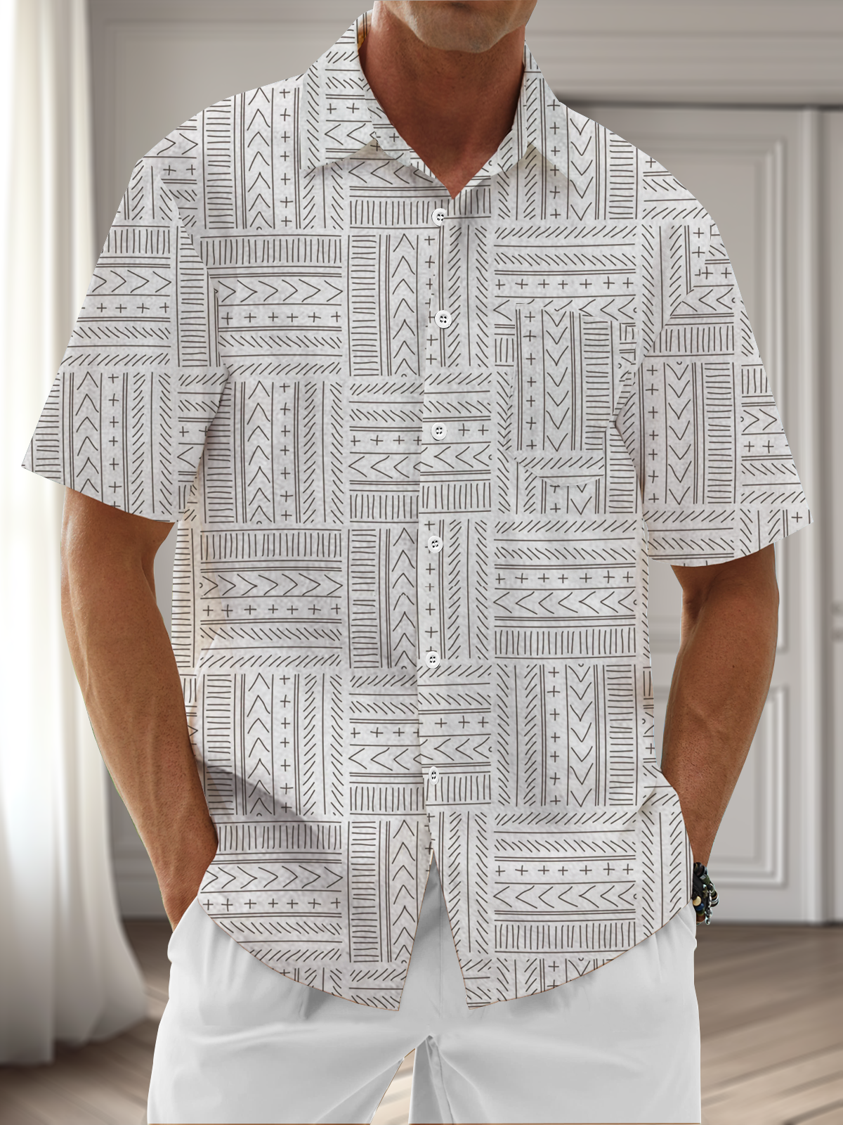 Moisture Wicking Geometric Check Chest Pocket Hawaiian Shirt