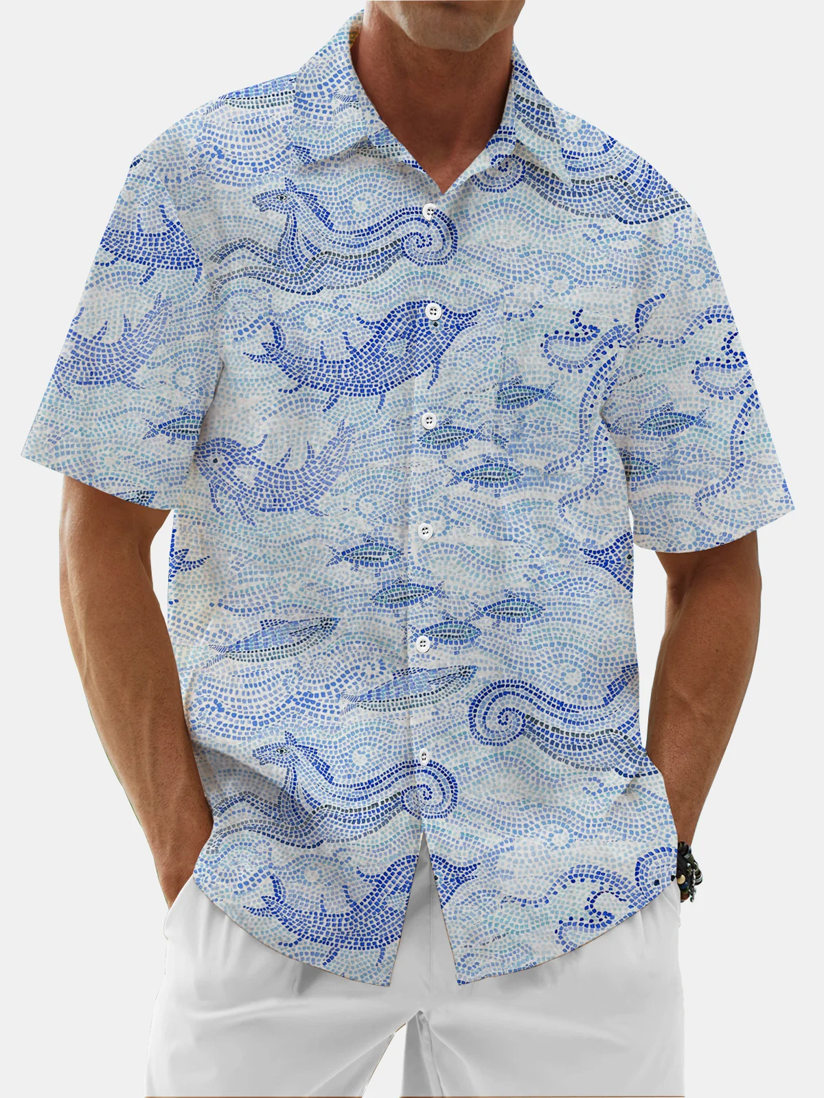 Moisture Wicking Ocean Elements Fish Chest Pocket Hawaiian Shirt