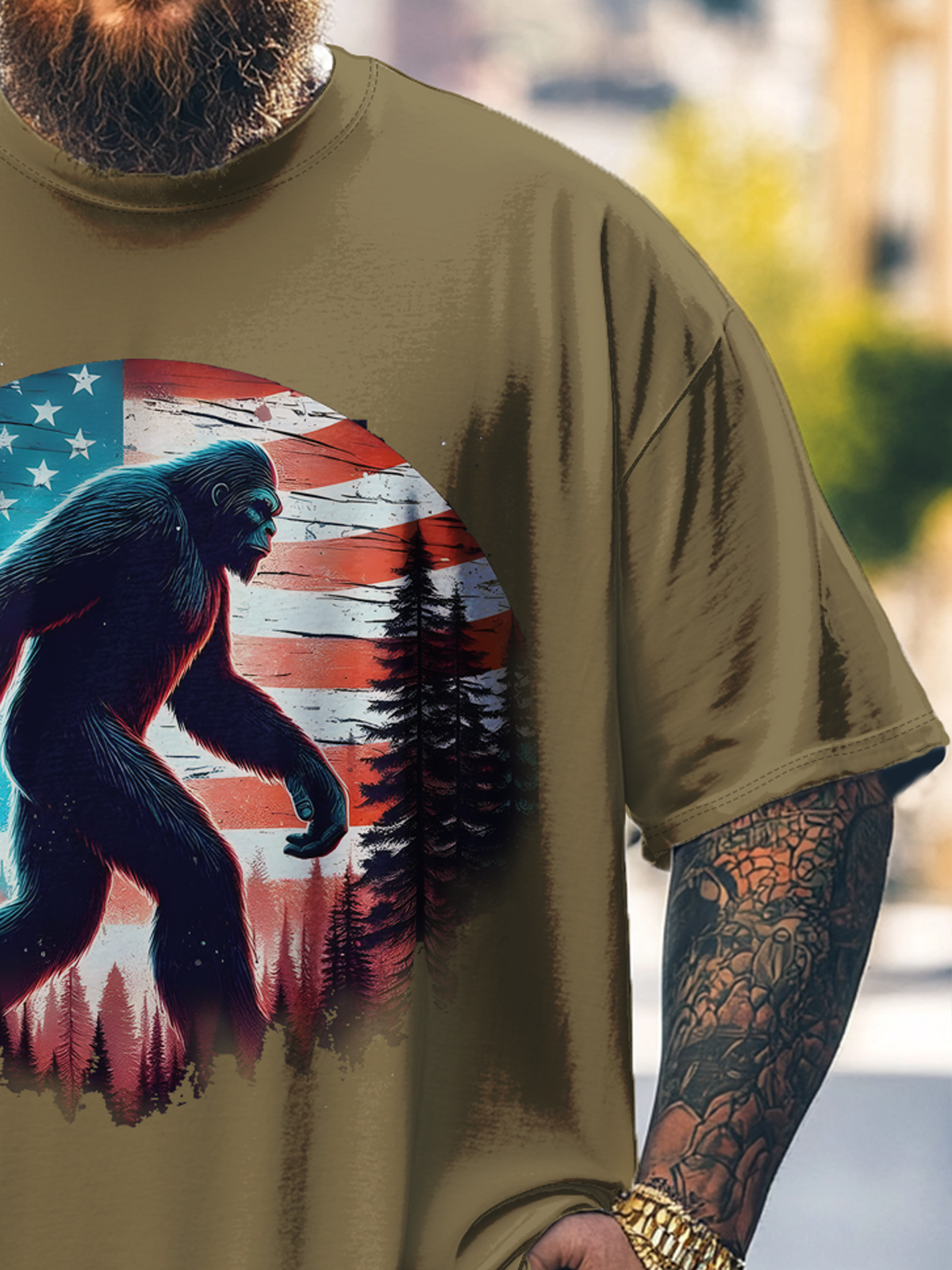 Big Size Men's Bigfoot American Flag MERICA Loose T-shirt