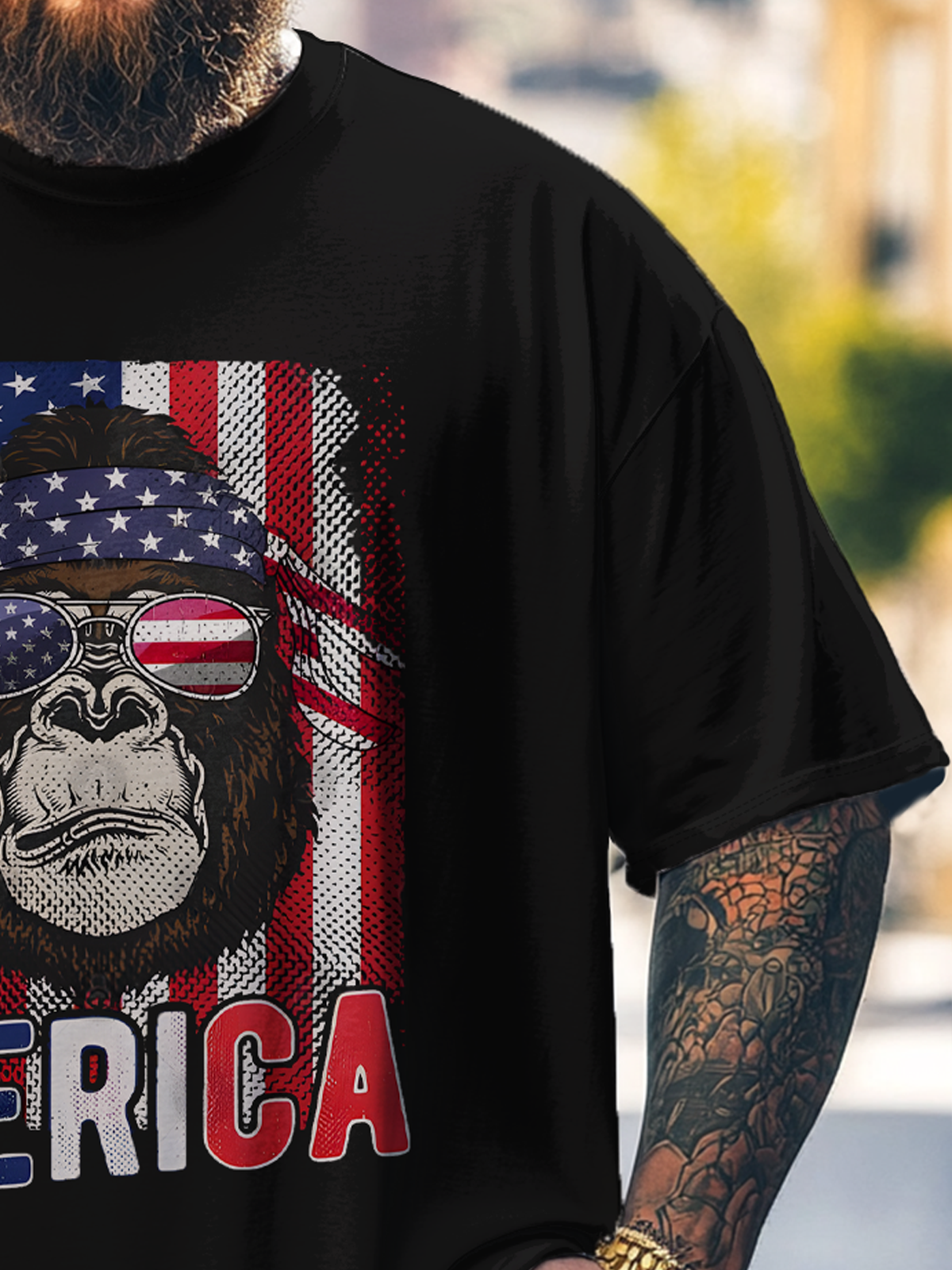 Big Size Men's Ape Man American Flag MERICA Loose T-shirt